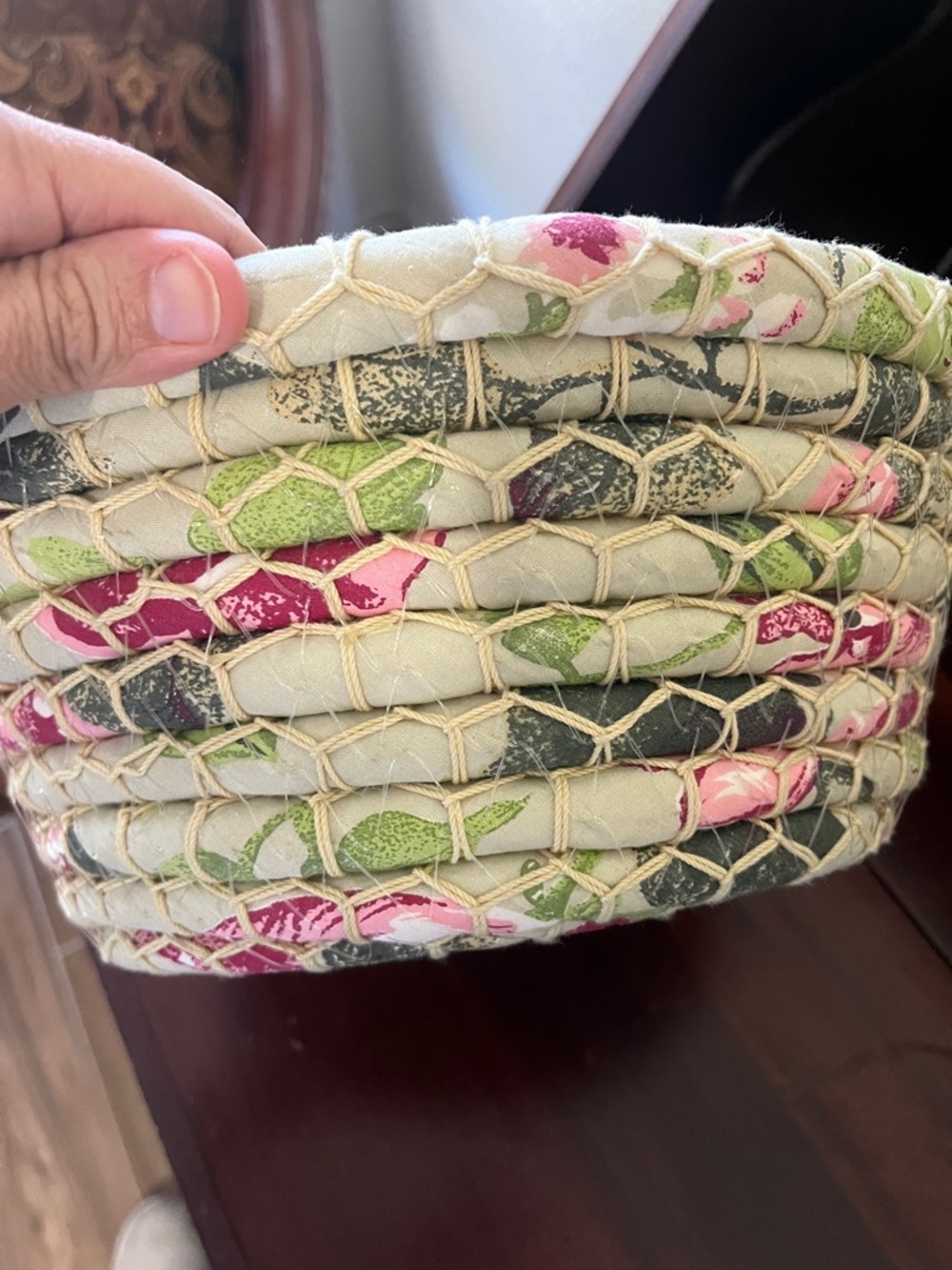 Handcrafted Fabric Coil Bowl in Pink and Green - Picture 8 of 9